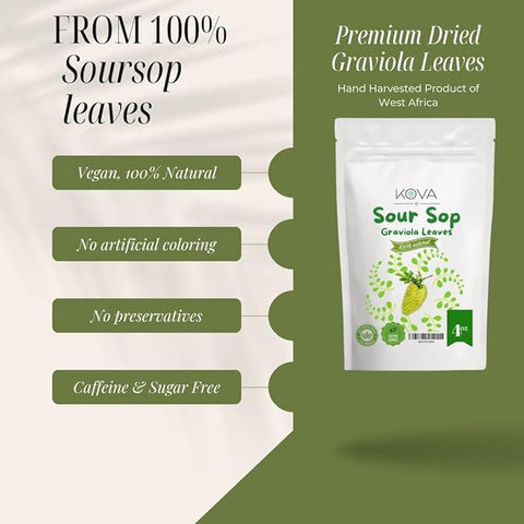 Kovafood Dried Soursop Tea Leaves | Soursop Loose Leaf Tea | Hoja De Guanabana, 4 Oz
