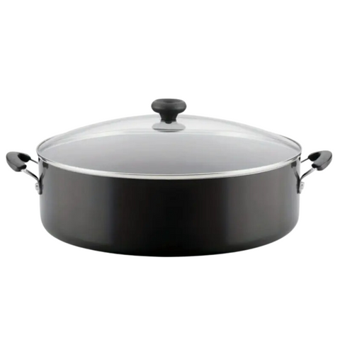 14-inch aluminum non-stick family pot, shatterproof glass lid seals in heat and moisture, dishwasher safe