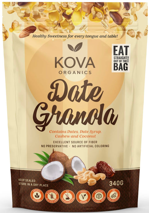 Kovafood Date Granola Kovafood Date Granola. Healthy Granola mix with Oats, Date, Date Syrup, Coconut and Cashews. Healthy and Tasty. No Preservatives 340g