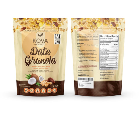 Kovafood Date Granola Kovafood Date Granola. Healthy Granola mix with Oats, Date, Date Syrup, Coconut and Cashews. Healthy and Tasty. No Preservatives 340g