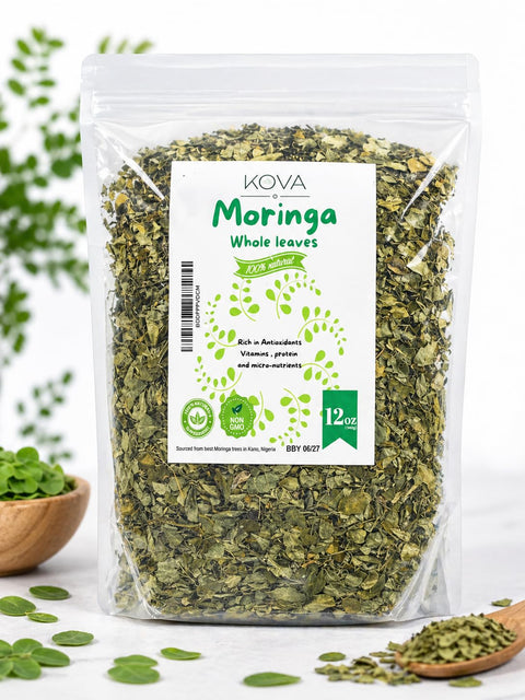 Kovafood Moringa Whole Leaves. Non GMO, Organic, 100% Raw, Pure & Natural Leaves only. No Stems - 12oz