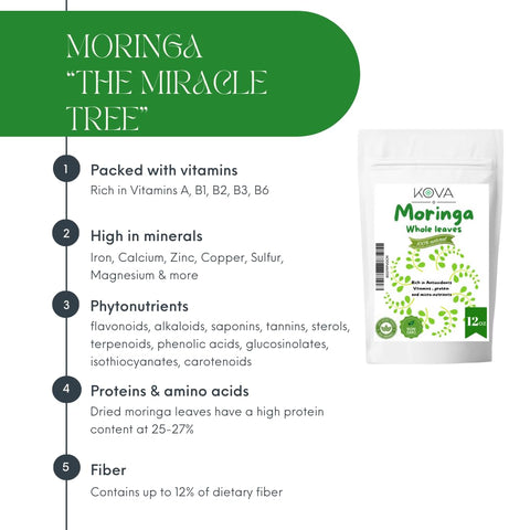 Kovafood Moringa Whole Leaves. Non GMO, Organic, 100% Raw, Pure & Natural Leaves only. No Stems - 12oz